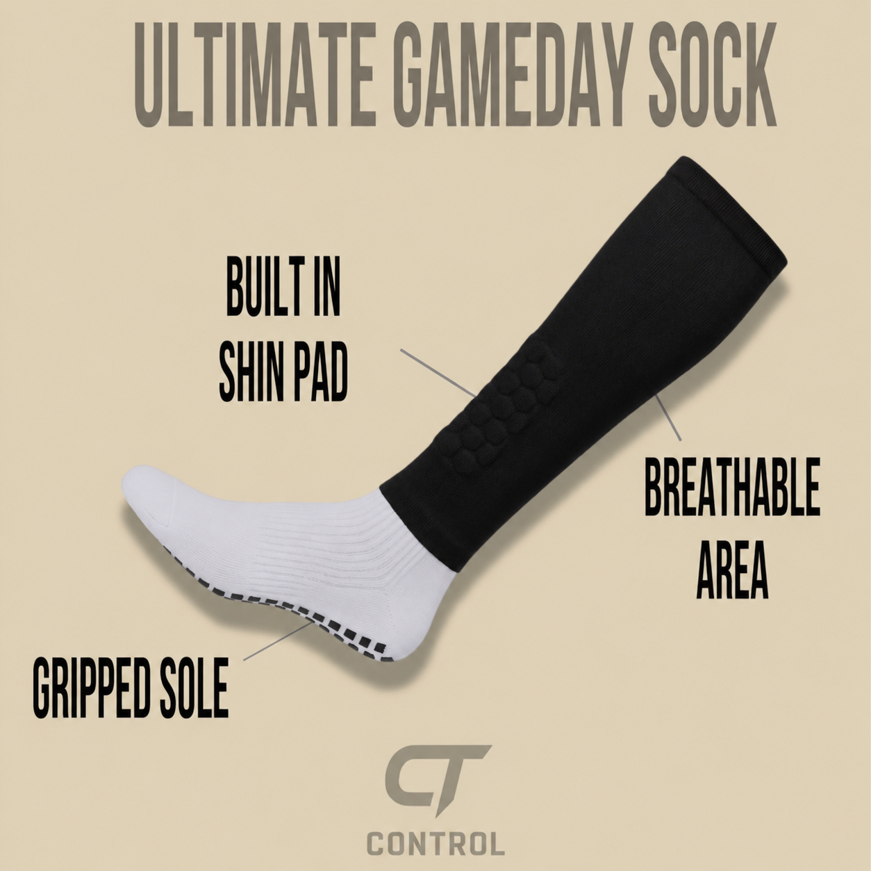 Black and white sock with features labeled on a beige background- 3 in 1 design 